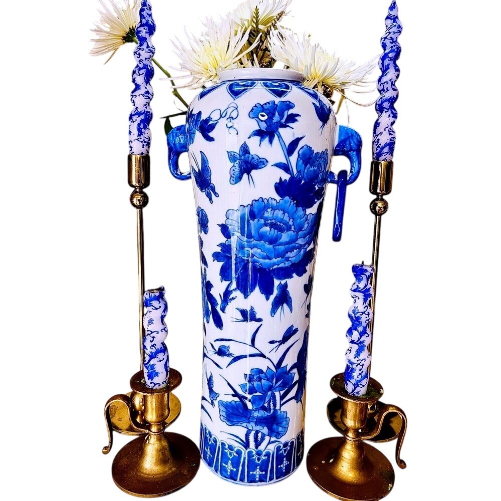 Tall Blue & White Chinoiserie Porcelain Vase Peony Butterfly Decor 16"